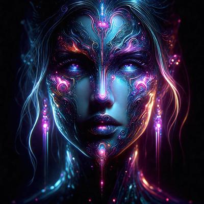 The primary subject of the image is a woman with a unique and intricate design on her face. The setting is a dark room, and the visual style appears to be a digital art or illustration. The colors and mood of the image are predominantly purple, creating a mysterious and captivating atmosphere.
